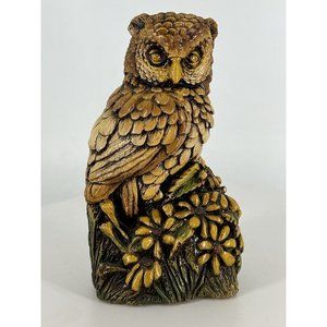 Vintage Great Horned Owl on Daisies Flowers 1980s Orzeck Terrestone